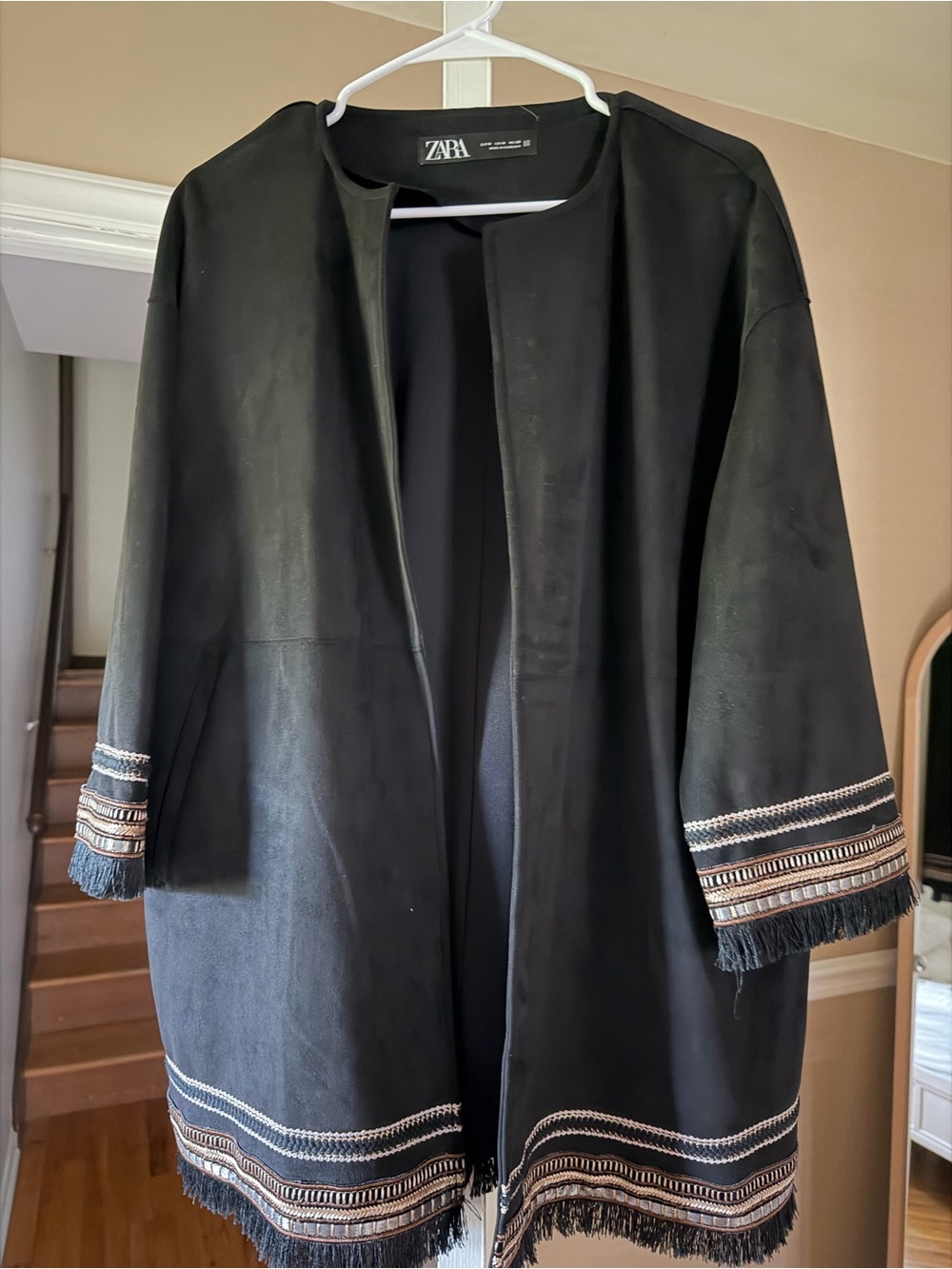 ZARA Navy Embellished Fringe Open-Front Trench Coat